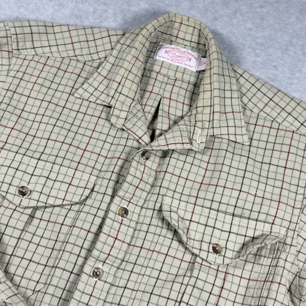 Filson Button Down Shirt Mens M Cream Plaid Distressed Tattersall